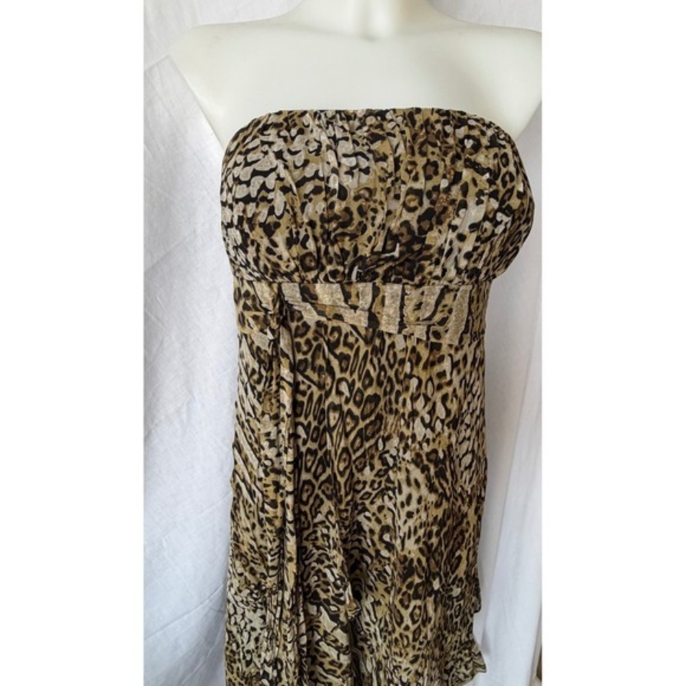 Sangria 100% Silk Y2K Strapless Midi Dress High Lo Leopard Print Ruffle Women 14 - Picture 2 of 8